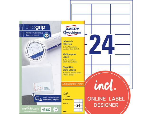 Etikett AVERY 64,6x33,8mm 2400/fp