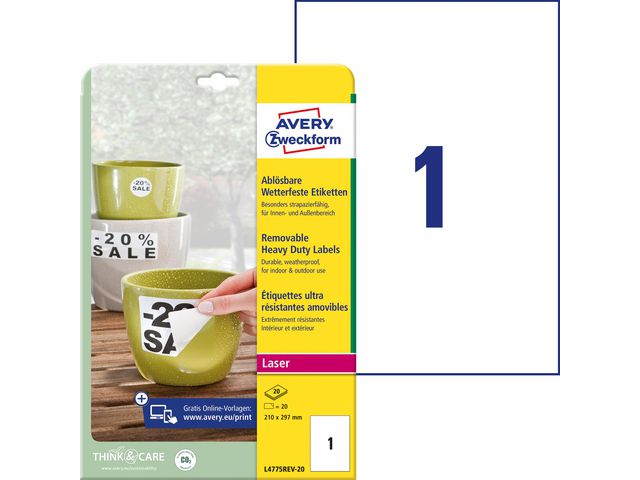 Etikett AVERY Slitst. 210x297mm 20/fp