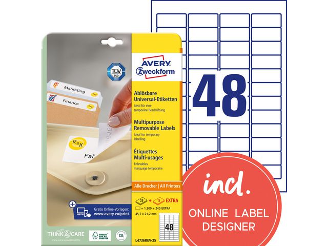 Etikett AVERY avtagb 45,7x21,2mm 1200/fp