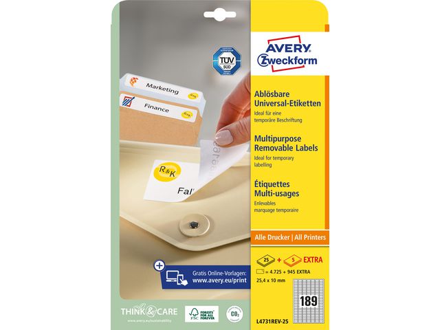 Etikett AVERY avtagb 25,4x10mm 4725/fp