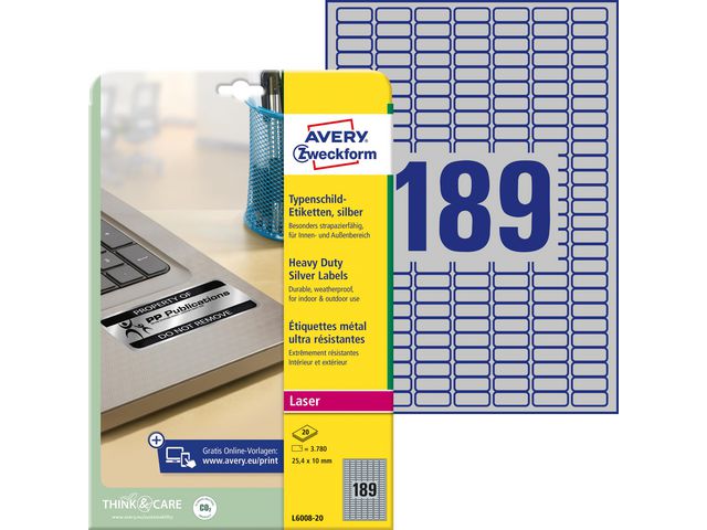 Etikett Slitst. 25,4x10mm silver 3780/fp