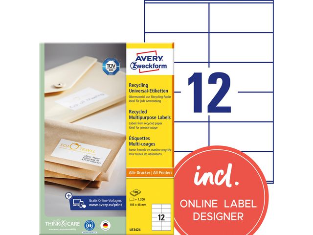Etikett AVERY återv. 105x48mm 1200/fp