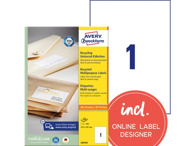 Etikett AVERY återv. 210x297mm 100/fp