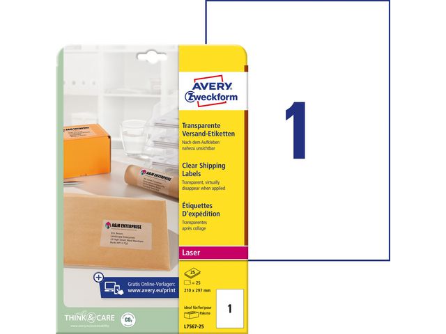 Etikett AVERY transp 210x297mm 25/fp