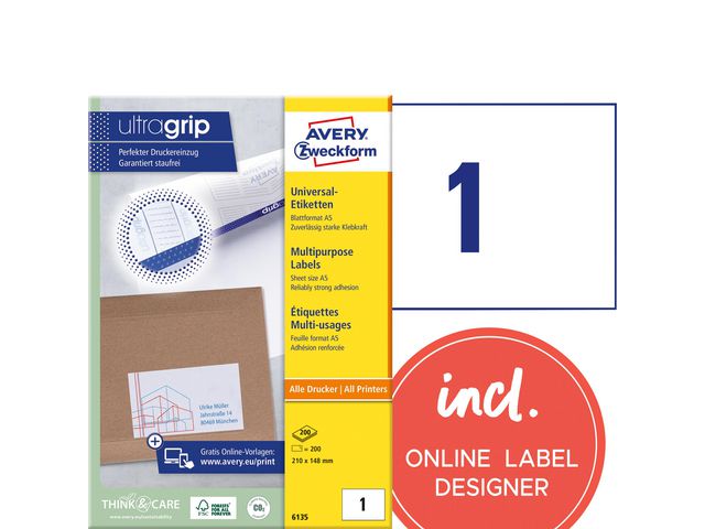 Etikett AVERY A5 210x148mm 200/fp