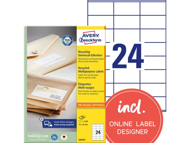 Etikett AVERY återv. 70x36mm 2400/fp
