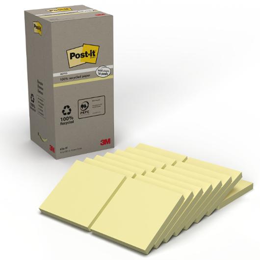 Notes POST-IT 100% recy 76x76 gul 16/fp