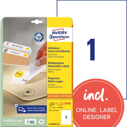Etikett AVERY avtagb 210x297mm 30/fp